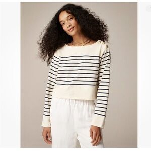 J. Crew Cropped Boatneck T-shirt w/Buttons Mariner Cotton Ivory/Navy Blue Sz. L